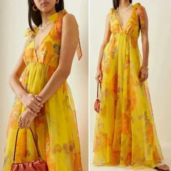 STAUD Dandelion Printed Organza Maxi Dress in Goldie Size 10 - Picture 4 of 16